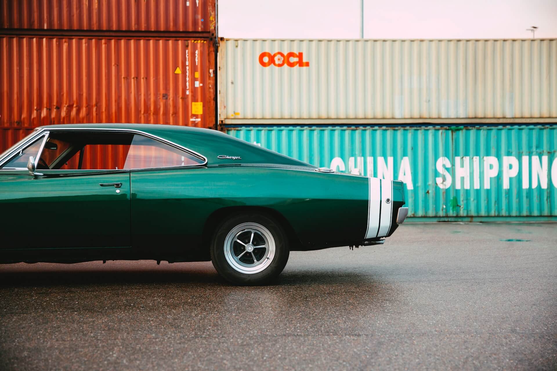 Vintage car ready to be shipped in an overseas container